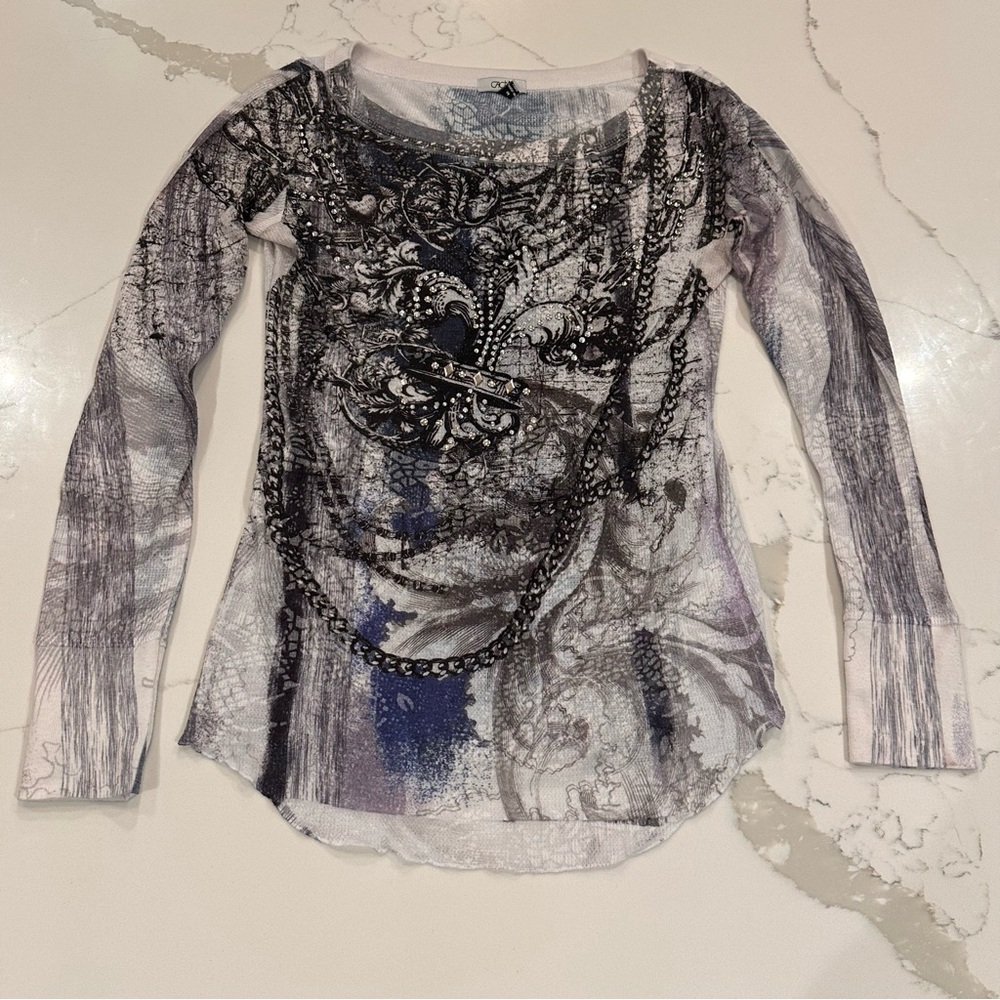 Vintage Cache 90s Y2K Long Sleeve Top Sz M Fleur De Lys Rhinestone Fairy Grunge